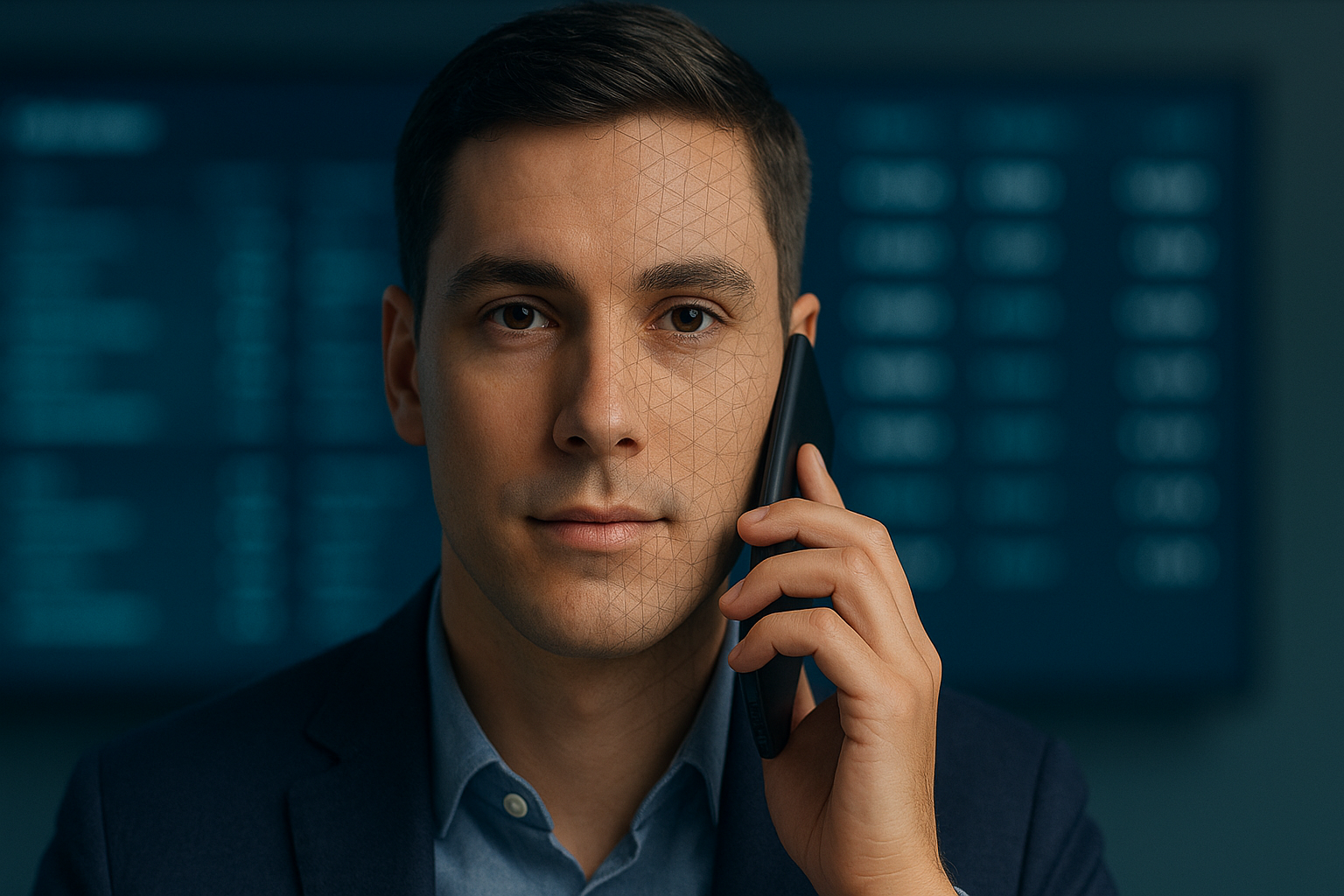 Man's face that is half natural and half polygon mesh, reflecting facial biometrics