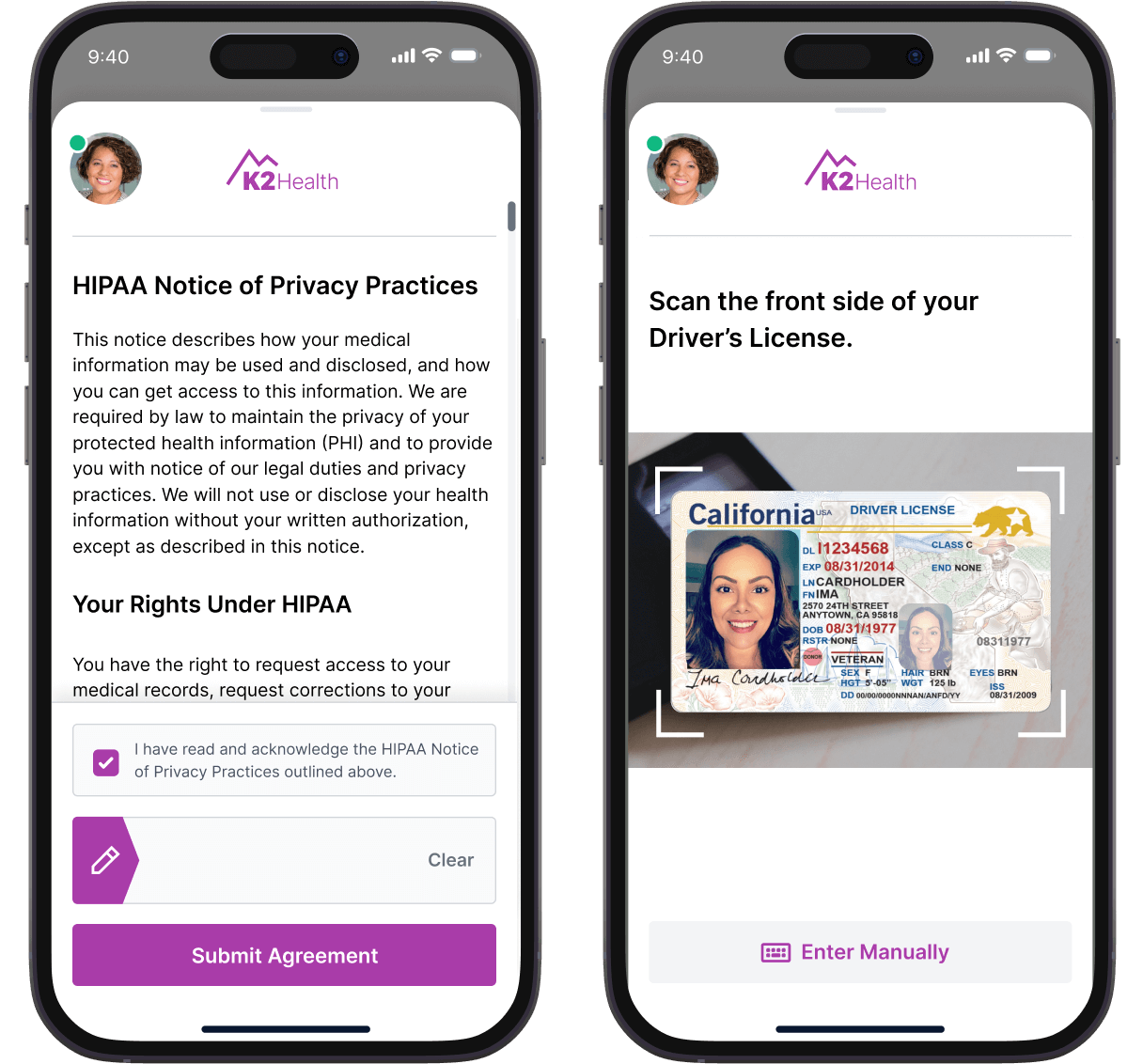 Two phone screens with HIPAA notice on one and license scan on the other.
