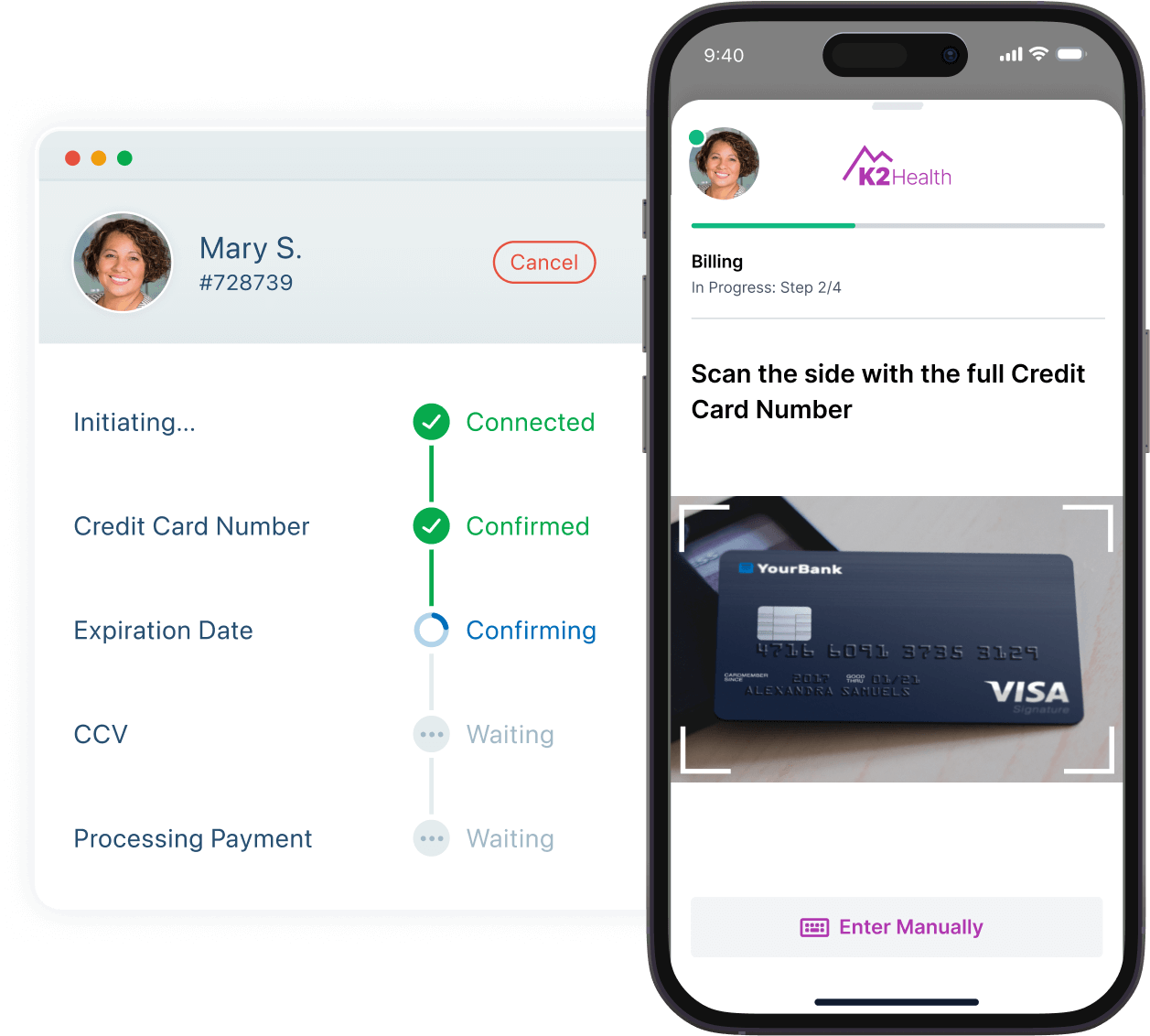 Agent requesting credit card info from end user. Showing the agent and user viewpoints