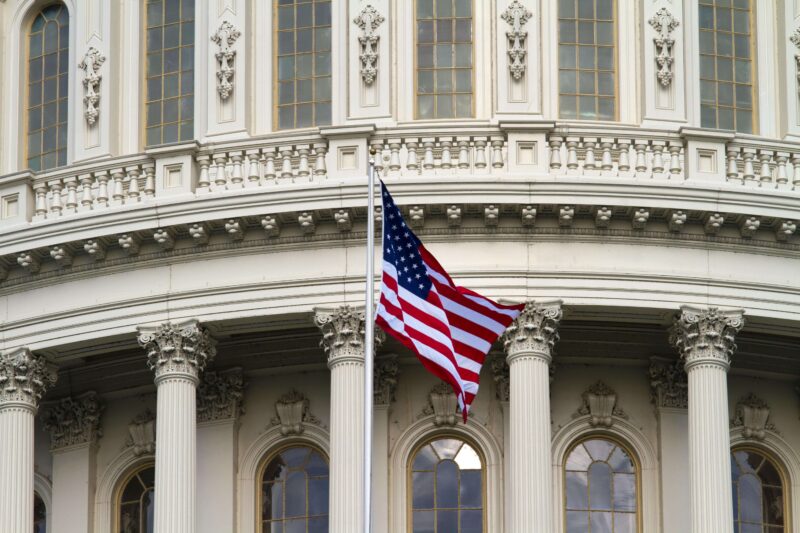 Close up of government building and flag