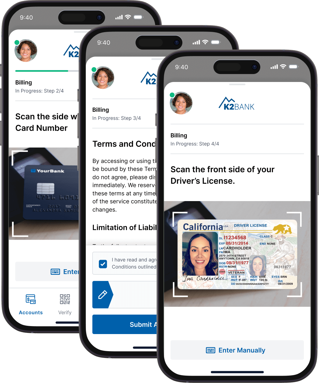 Three phone screens showing a sample payment workflow