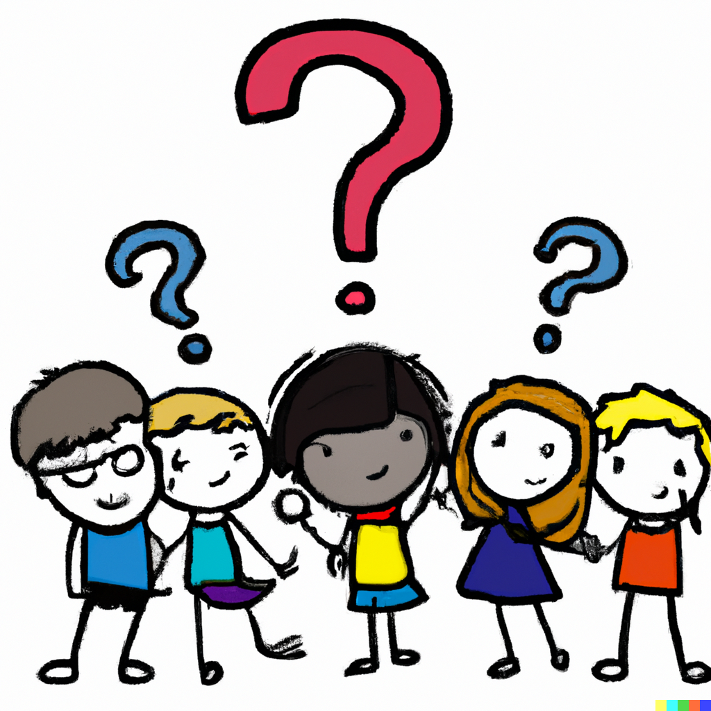 Illustrated children with question marks